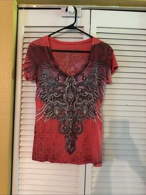 Angels & Diamonds Red Short-Sleeve V-Neck Top with Winged Rhinestone Graphic